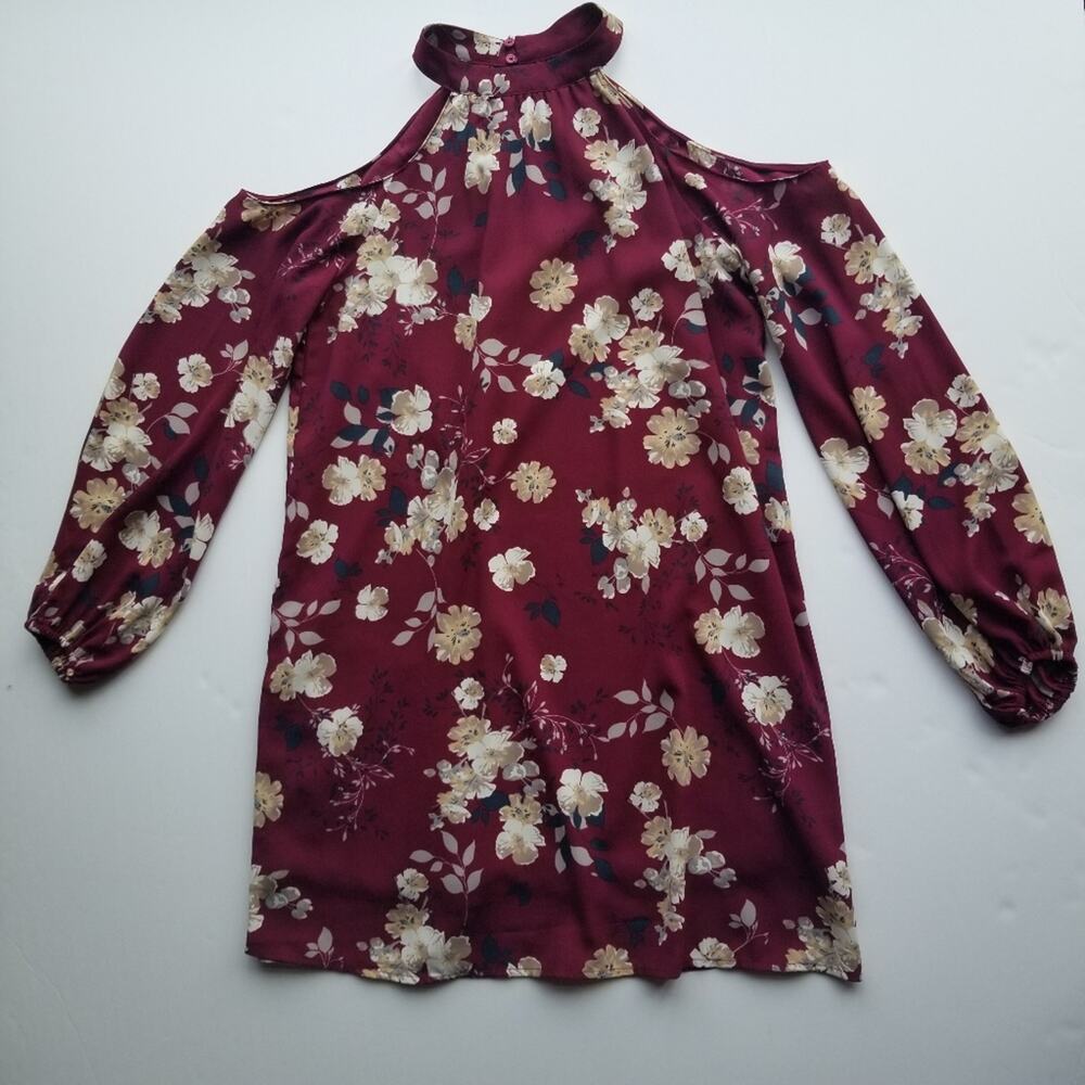 LUSH Dress Small Cold Shoulder Long Sleeve High Neck Burgundy Floral Shift
